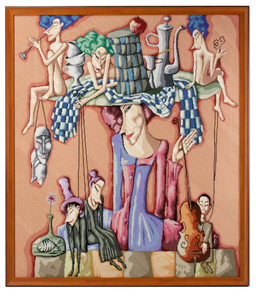 Needlepoint of Whimsical Characters After Zenkovich: Needlepoint of whimsical characters after Dmitry Zenkovich, 36" x 21", framed 38" x 33". Provenance: Estate of Kenneth Moore, Pompano Beach, Florida.