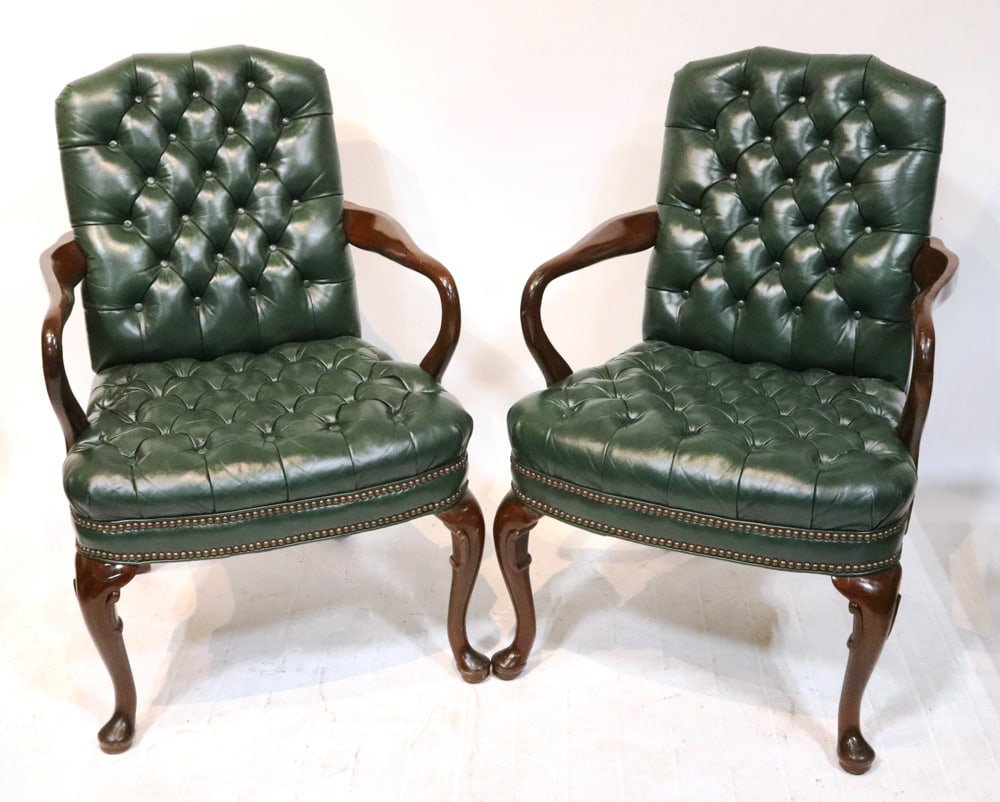Pair of English Green Tufted Leather Armchairs (1 of 9)