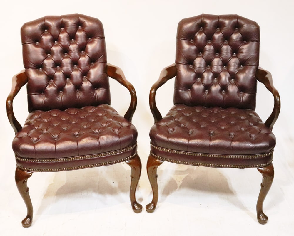 Pair of English Maroon Tufted Leather Armchairs (1 of 8)