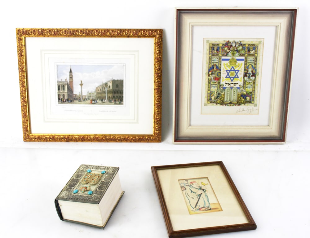 Haggadah Print, Jewish Book, Engraving, Watercolor: Group of (4) items, to include: signed Haggadah print by Arthur Szyk (1894-1951), overall 16" x 14"; Jewish book of Holy Scripture; 19th century hand-colored engraving of La Piazza San Marco by Giusep
