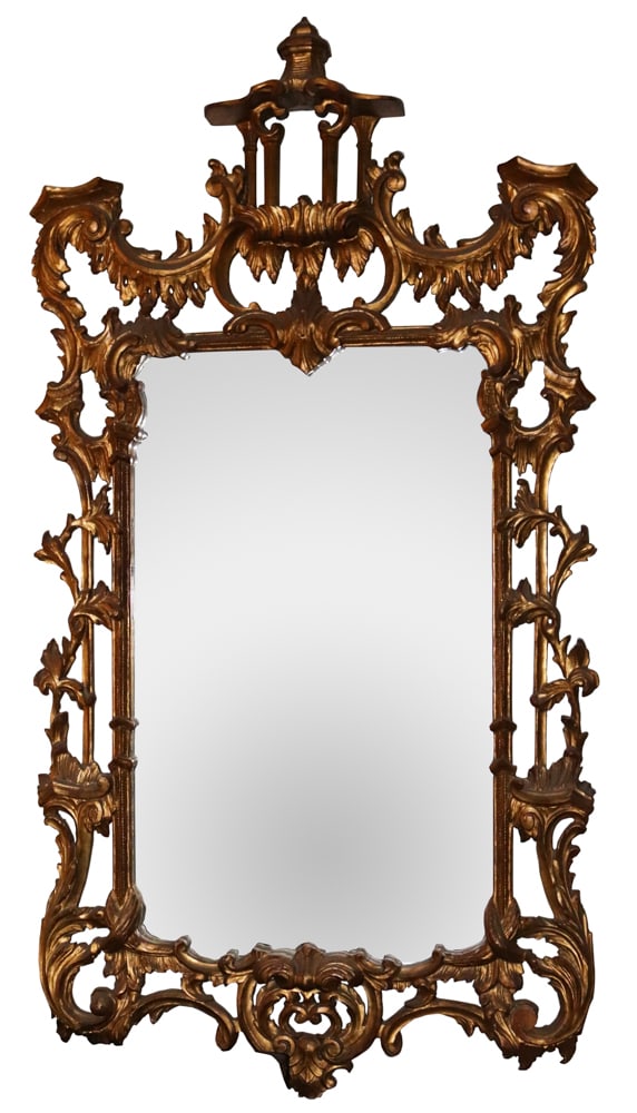 English Giltwood Mirror: English giltwood mirror, 56" H x 29" W. Provenance: an old Massachusetts family estate.