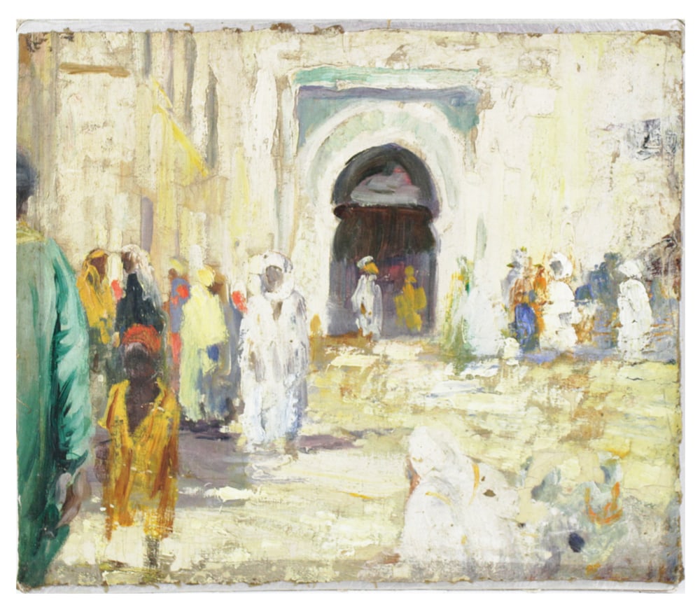 Arab City Scape, C.A. Slade, in Manner of Jane Peterson: Arab city scape by C.A. Slade, in the manner of Jane Peterson, oil on canvas mounted on board, unsigned, 9" x 10 1/2". Provenance: Boston, Massachusetts collection.