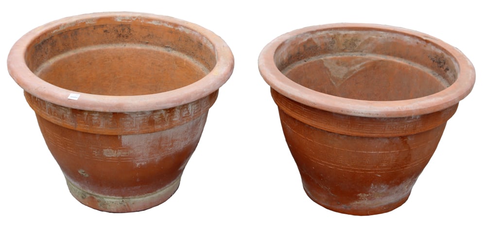 Pair of Terra Cotta Urns: Pair of terra cotta urns, 18" H x 26" W. Provenance: an old Massachusetts family estate.