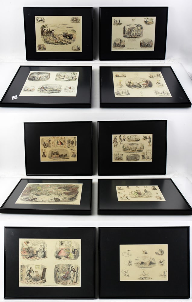 George Cruikshank Colored Prints: George Cruikshank colored prints, lot of (10), framed 14" x 17". Provenance: Estate of Jean Gale of Kittery, Maine.