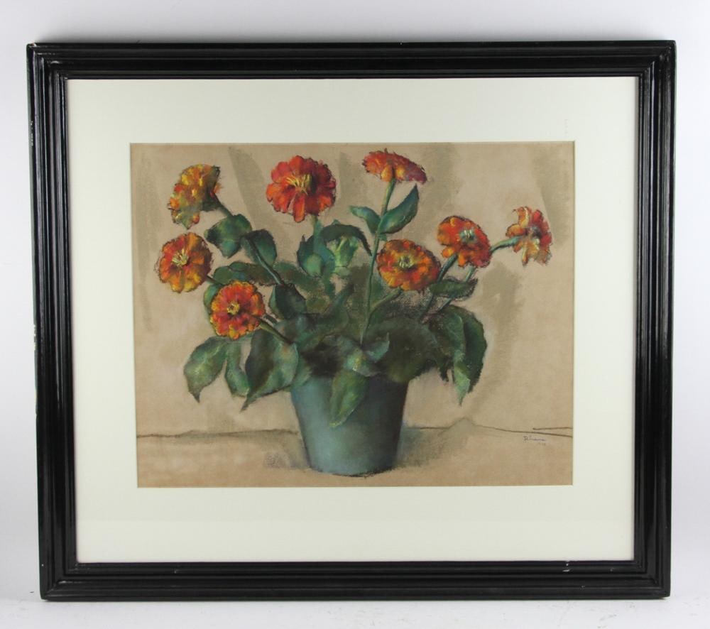 Lisa Rhana, Still Life of Zinnias, Pastel: Early 20th century American pastel on paper by Lisa Rhana (1902-1985). The decorative pastel on handcrafted paper is depicting still life of zinnias flower in pot. The art is signed and dated on the l