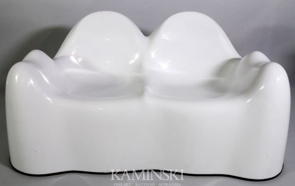 Wendel, Castle Molar Settee, Fiberglass: Wendel, Castle molar settee, fiberglass having white finish, 24 1/2"h x 54 "w x 32"d.
