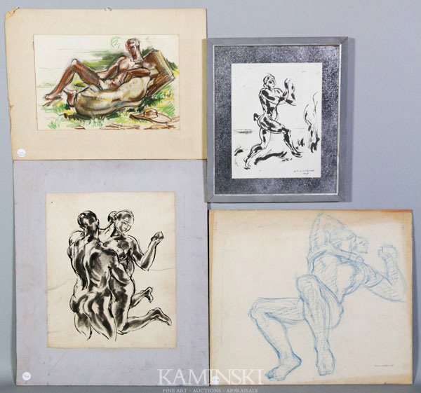 Littlefield, 4 Works, Ink Wash, photostat, and Cr: William H. Littlefield (American Artist, 1902-1969), Lot of four works, 1. Triton and Nymph, ink wash on paper, singed lower right in pencil 1928, signed and additional notes on reverse, probably moun
