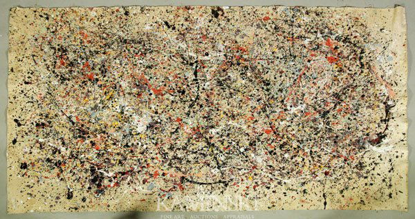 After Pollock, O/C: In the manner of Jackson Pollock (American Artist 1912-1956), Oil on unsized canvas, unstretched, signed lower right Pollock 47, 44 1/2" x 80 1/2".
