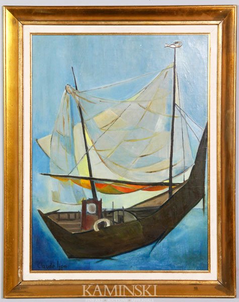Abstract Fishing Vessel, O/C: Abstract fishing vessel, oil on canvas, signed and dated lower left Claude Lion '53, titled and dated verso "La Sirene d'Argent, Sept 53", 23 1/2" x 17 1/2", 28 3/4" x 22 3/4" (frame).