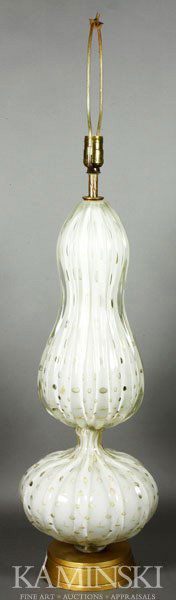 Murano, Art Glass Table Lamp: Murano, Large art glass table lamp having cased clear and white glass as well as gold leaf and regular bubbles, two bruises to lower section, 26 1/2"h x 10"d, 38 1/2"h overall.