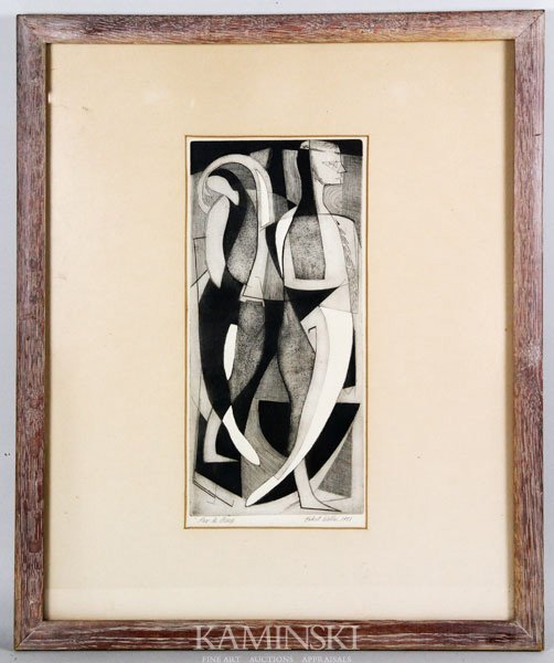 Wells, "Pas de Deux", Engraving: Robert Wells, "Pas de Deux" engraving and aquatint, signed Robert Wells '1951, 12 1/2"h x 5 3/4"w plate size, 21 1/2"h x 17 1/2"w (frame).