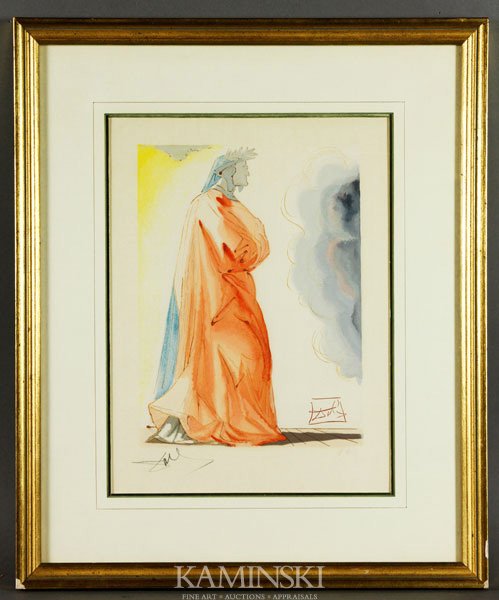 Dali, Standing Figure of Dante, Color Lithograph: Salvador Dali (French/Spanish Artist, 1904-1989), Standing figure of Dante from "The Divine Comedy" series, color lithograph, 12"h x 9"w.