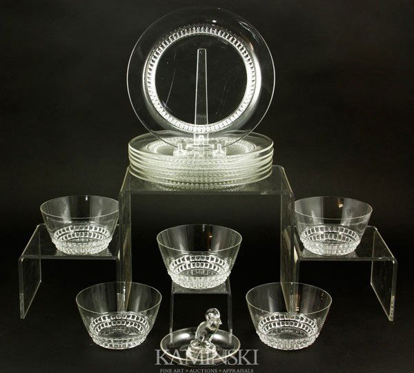14 Lalique Crystal Items: Group of 14 R. Lalique items, crystal, signed, to include: small goose figural bowl, signed "R. Lalique France No 283", 2 7/8"h; five bowls, etched "R Lalique", 4 7/8"dia; eight desert plates, etched