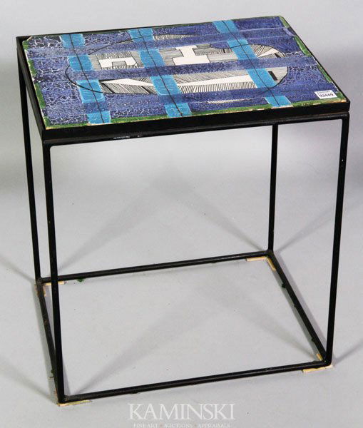 Tile and Iron Table: Tile and iron table, late 50's to early 60's, corner chip to tile, 18 1/4"h x 17"w x 13 1/2"d.