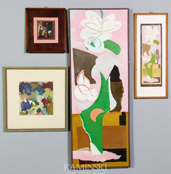 Littlefield, 4 Works, Collage and O/P: William H. Littlefield (American Artist, 1902-1969), Lot of four works, 1. "A Springtime Self", Abstract collage and conte crayon on paper mounted and framed, additional notes on reverse, 13 1/8"h x 4
