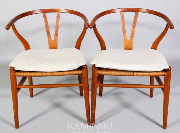 Hans Wegner, 2 "Wishbone" Armchairs: Hans Wegner, Lot of two "Wishbone" Armchairs, circa early 1960's, branded mark (reads facing out) "Made in Denmark, By Carl Hansen and Son, Odense Denmark" in pencil HH, impressed 1.