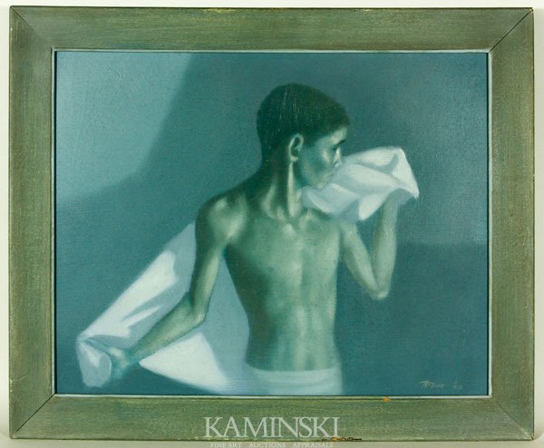Bliss, "Boy and Towel", O/M: Robert Bliss (American, 1925-1981), "Boy and Towel", oil on masonite, signed lower right R Bliss '60, Vose Galleries purchase, 16" x 20", 19 1/2" x 23 1/2" (frame).