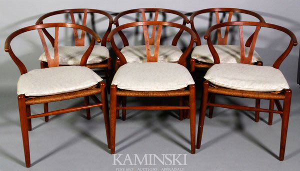 Hans Wegner, Set of 6 "Wishbone" Armchairs: Hans Wegner, Set of six "Wishbone" armchairs, circa early 1960's, one branded (reads facing out) "Made in Denmark, Carl Hansen and Son, Odense Denmark", in pencil CA impressed 00, one branded (read fa