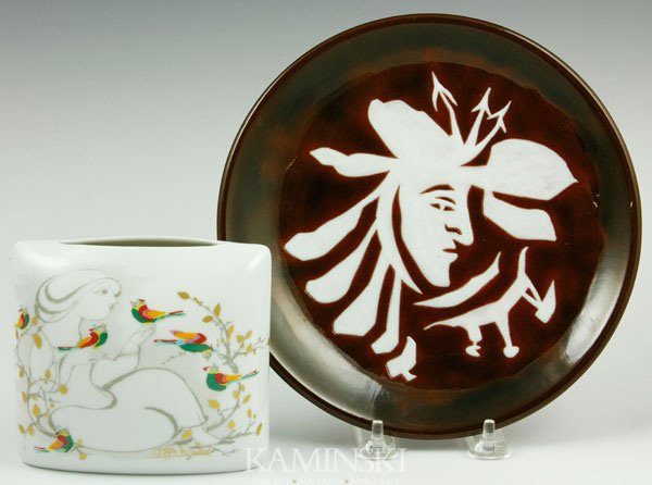 Rosenthal Pillow Vase and Lurcat Plate: Rosenthal Germany, pillow vase, marked on base, signed in scene, 4 1/2"h x 5"w x 2 3/4"d, together with Jean Lurcat ( French 1892-1966), plate, signed verso "Dessin / J. Lurcat, Saint Vincens", painte