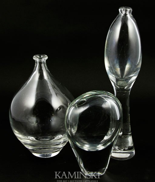 Husted for Blenko Glass, 3 Swedish Crystal Vases: Wayne Husted (American Artist, b. 1927) for Blenko Glass, three one-off experimental Swedish design crystal vases, each vase is signed Wayne Husted, lot includes book, black and white photograph of th