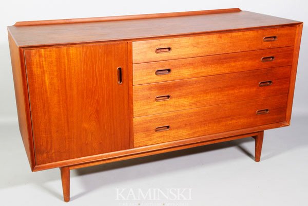 Sibast Møbler Teak Danish Modern Server: Sibast Møbler, "George Tanier Selection" Teak Danish Modern Server on tapered pedestal feet, four drawers top with brown felted interior for silver, left hand compartment having adjustable shelf, 30"
