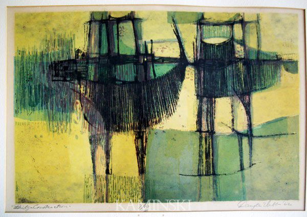 Webb, Abstract, Print: Daryle Webb, "Bridge Construction", abstract, print, 7/10, signed "Daryle Webb '62", 11" x 15 3/4", 19 3/4" x 24 3/4" (frame).