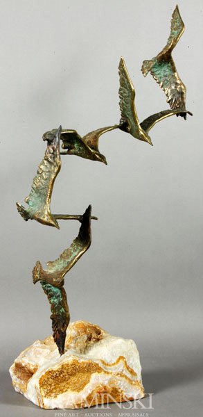 Jere, Modern Bird Sculpture, Bronze: Curtis Jere (American Artist), Modern bronze bird sculpture on stone base, signed Jere, sculpture 24", on stone base 28".