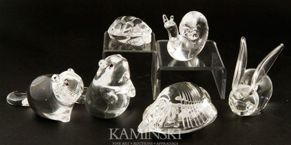 6 Steuben Crystal Animals: Six Steuben ornamental animals, crystal, signed, to include: armadillo shape #8405, 5 1/8"l; rabbit shape #7911, 3 7/8"l; beaver with red eyes shape #8359, 5 3/8"l; beaver with red eyes shape #8360, 4