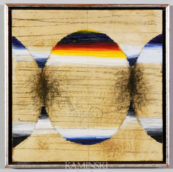 Giobbi, O/P: Edward Gioachino Giobbi (New York Artist b. 1926), oil on paper on masonite with charcoal, obelisk gallery label reverse, signed upper right Giobbi 67, 12"h x 12"w, 13"h x 13"w (frame).