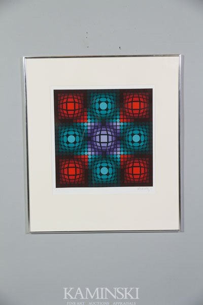 Vasarely, "Optic Rouge", Print: Victor Vasarely (French/Hungarian Artist, 1906-1997), "Optic Rouge", artists edition print, signed lower right in pencil Vasarely, titled on reverse having watermark, 20"h x 19"w, 32 1/4"h x 28 1/4"w 