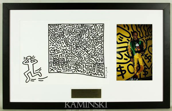 Haring, Marker Drawing on Paper: Keith Haring (American Artist, 1958-1990), marker drawing on paper, having photograph of the artist matted with commemorative plaque, signed lower right K. Haring 1982, print 10 3/4" x 15", photo 9 1/