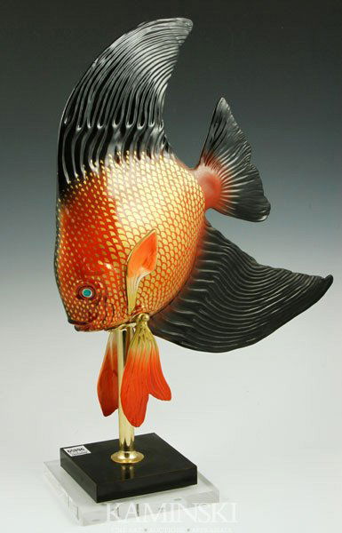 Oggetti Italian Fish Sculpture, Ceramic: Ogetti Italian fish sculpture, ceramic, glazed and gilt on plexi base, 21"h x 14 1/2"w x 6 1/4"d.