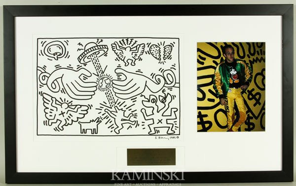 Haring, Marker Drawing on Paper: Keith Haring (American Artist, 1958-1990), marker drawing on paper, having photograph of the artist matted with commemorative plaque, signed lower right K. Haring 1984, print 11" x 15 1/2", photo 9 1/