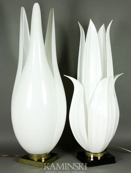 2 Tulip and Lilly Lamps, Rougier Acrylic: Lot of two tulip and lily lamps, Rougier acrylic, 34"h, 30"h.