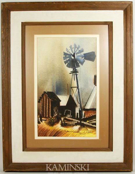 Ochi, Windmill by a Farm, Watercolor: Fred Ochi (1913-2007), windmill by a farm, watercolor, signed, 23"x16", 29"x22" (frame).