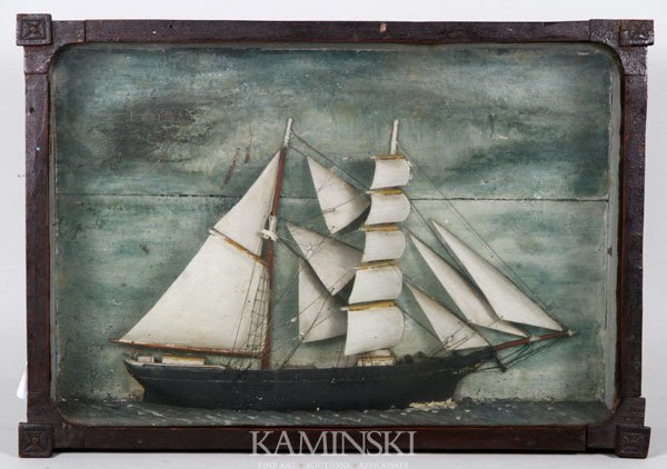 Early 19th C. American Ship Model: Early 19th century American shadow box ship model, 11"h x 16"w x 3"d.