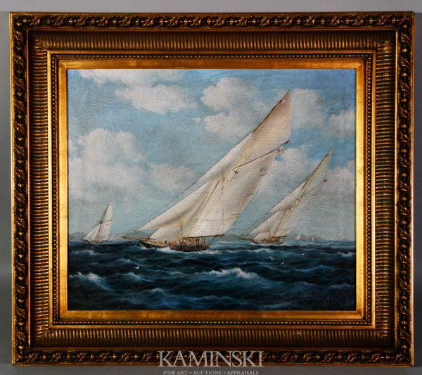 William, Yachts Racing, O/C: Two gaff rigged yachts racing under full sail through moderates seas, oil on canvas, signed lower right “William”, mounted into a gold frame, 19” x 23”, 28” x 32” (frame).