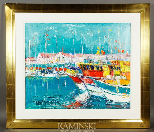 Ardissone, Harbor Scene, O/C: Yolande Ardissone (b. 1927), brightly colored harbor scene, oil on canvas, signed "Ardissone", 19" x 23 1/4", 26 1/4" x 30 1/2" (frame).