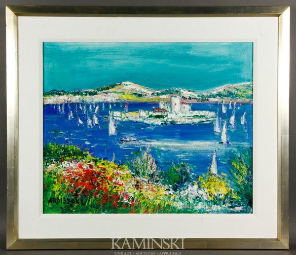 Ardissone, Harbor Scene, O/C: Yolande Ardissone (b. 1927), brightly colored harbor scene with a small island, oil on canvas, signed "Ardissone", 19" x 23 1/4", 27" x 31" (frame).