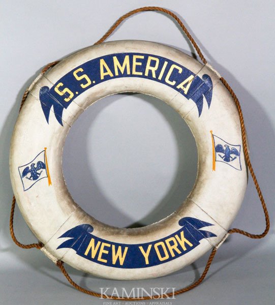 "SS America" Life Ring: Rare "SS America", New York ceremonial life ring, circa 1950's, white painted with eagle flags, 30"dia. The "SS America" was in service from 1940-1994.
