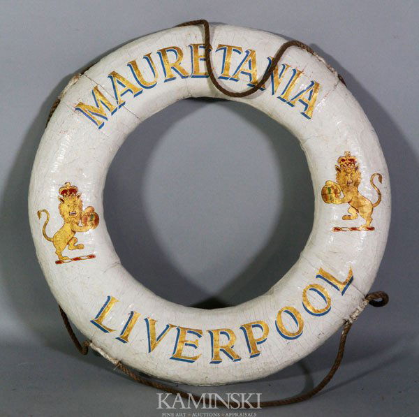 "RMS Mauretania" Ceremonial Life Ring: "RMS Mauretania", Liverpool ceremonial life ring, white painted with Cunard lions, original rope border, 30"dia.