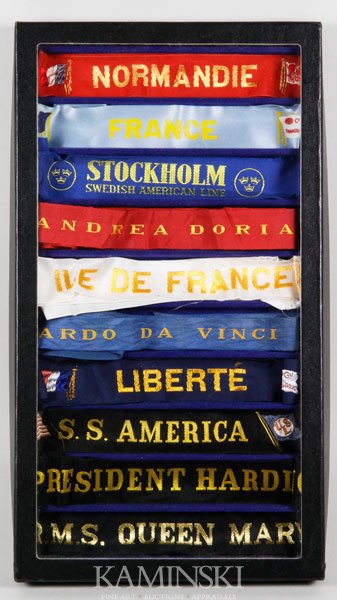 Collection of Hat Ribbons: Collection of hat ribbons from the ships Queen Mary, Andrea Doria, Normandie, France, Stockholm, Ile de France, Leonardo da Vinci, Liberte, America, President Harding, in case 14 1/2" x 8".