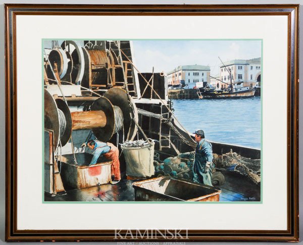 Roffo, "Unloading the Catch", W/C: Sergio Roffo (Massachusetts), "Unloading the Catch, Boston Fish Pier", watercolor on paper, signed lower right, under glass, 21" x 28 1/2", 31 1/2" x 38 1/2" (frame).