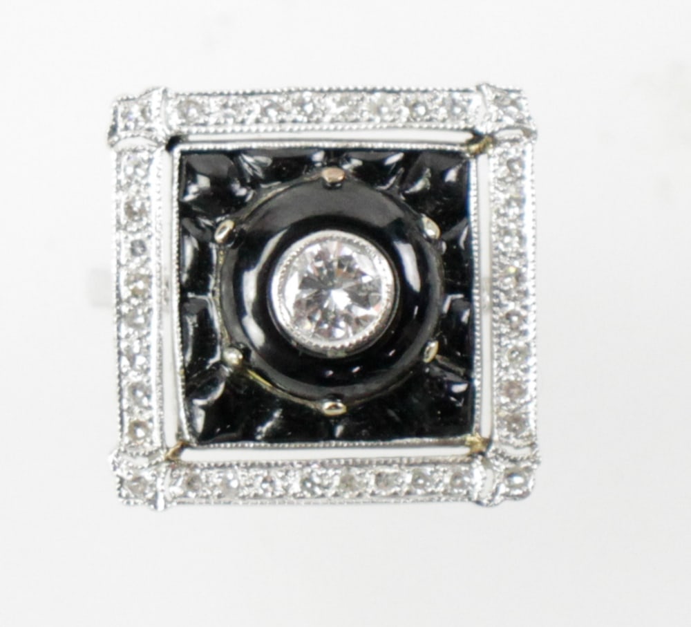 1920s Deco 18k White Gold Diamond Onyx Ring (1 of 7)