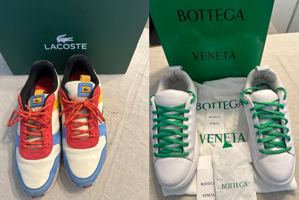 Bottega Veneta Tennis, LaCoste Joggeur Sneakers: Two pairs of shoes, including: Bottega Veneta tennis shoes, calf, pillow top, rubber sole, optic white, M size E 44, original felt bag and box; LaCoste Joggeur color block sneakers, size 44, original