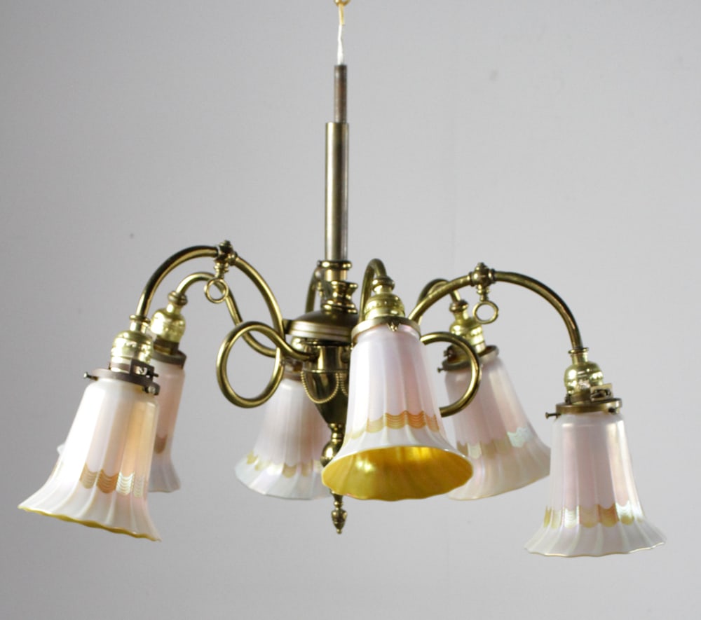 Brass Chandelier with Quezal Iridescent Shades (1 of 1)