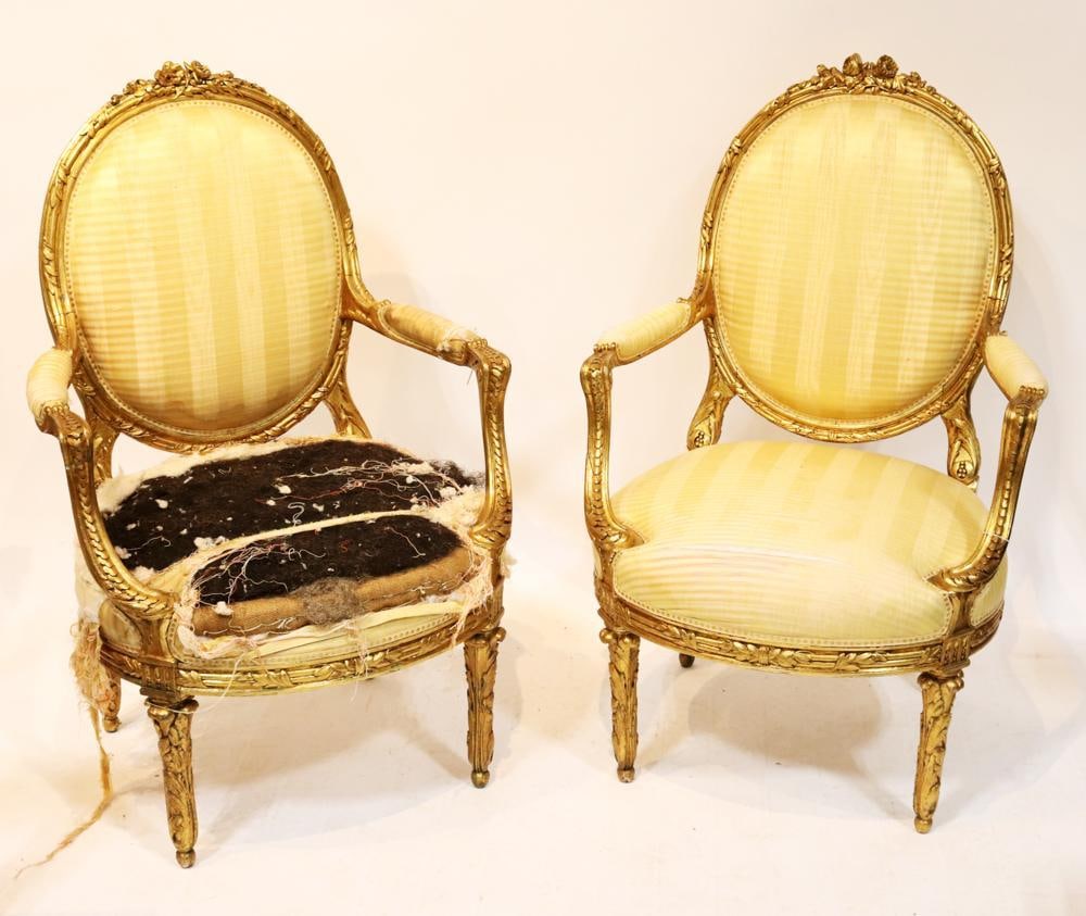 Pair of French Giltwood Armchairs: Pair of French giltwood armchairs, 41" H x 22" W x 26" D. Provenance: Southern Connecticut collection.