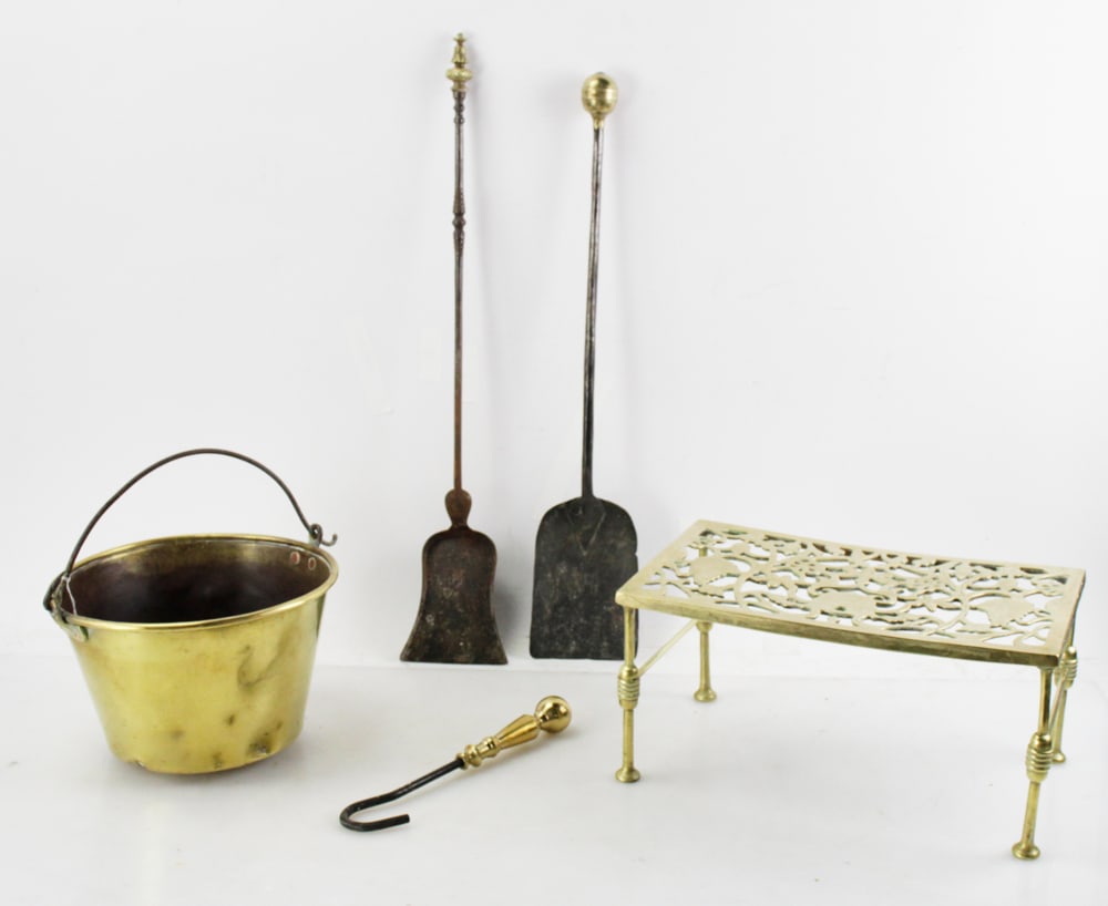 Antique Brass Fireplace Trivet, Bucket: Antique brass fireplace items, trivet, bucket. Provenance: Del Mar, California collection.