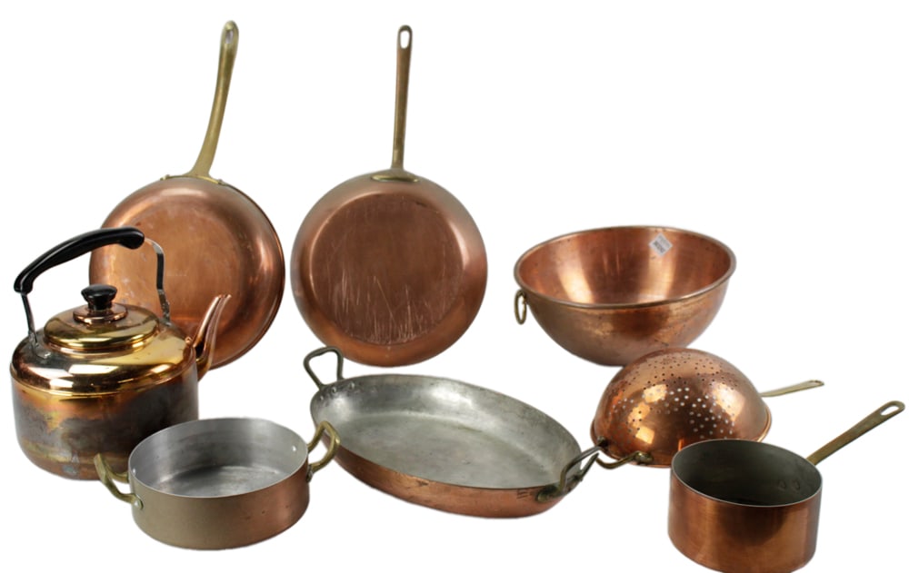 Copper Cookware Teapot, Sieve, Bowl, Fry Pans (1 of 9)