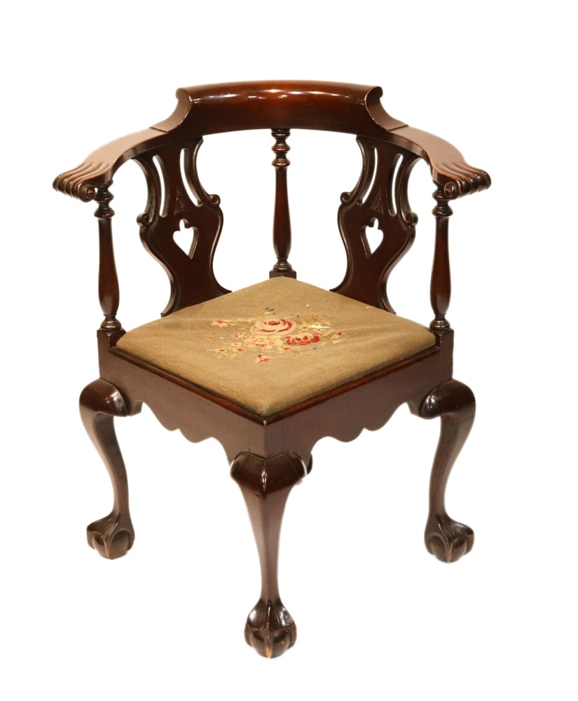 English-style Mahogany Corner Chair: English-style mahogany corner chair having needlepoint seat, 34" H x 30" W x 27" D. Provenance: From the collection of Deane Litwalk of York, Maine.